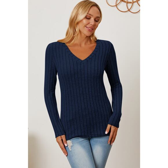 BASIC BAE Plus Dark Blue Ribbed V-Neck Long Sleeve Casual Top NEW 3X - Picture 4 of 7